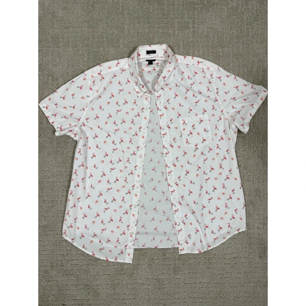 J.Crew Mens XL Flex Washed Shirt Pink Flamingo Print Short Sleeve Button Up